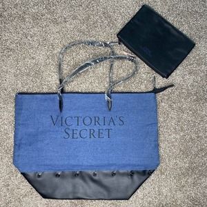 Victorias Secret Denim Faux Leather Tote Weekend Bag with Pouch NEW